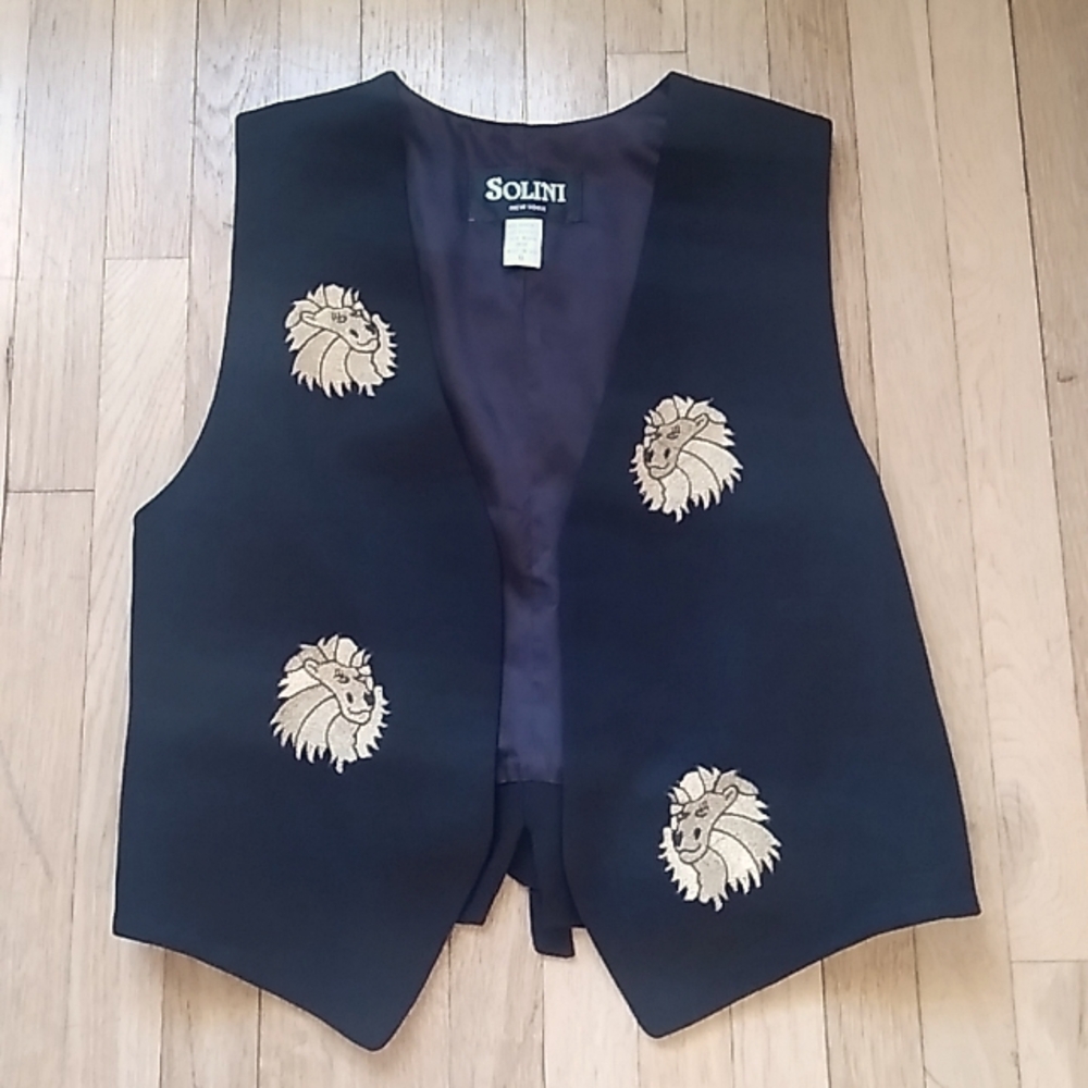 WOMEN'S VINTAGE VEST BY SOLINI NEW YORK BLACK WITH GOLD LIONS PATCHES SIZE 12